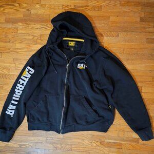 CAT Caterpillar Full Zip Hoodie Sweatshirt Men's XL Black Spellout Sleeve Logo W